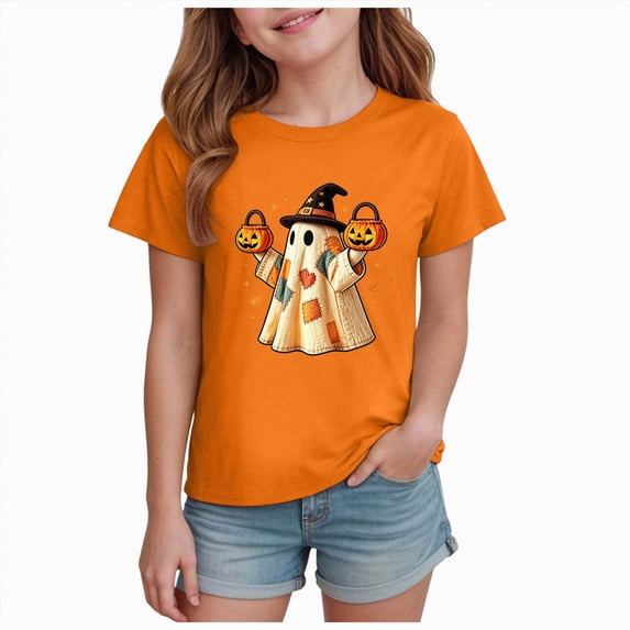 enyan Halloween Shirt Girls Cute Ghost Pumpkin Shirt Kids Spooky Season Short Sleeve Tee Tops Girls Halloween T Shirt(Orange,13-14 Years)