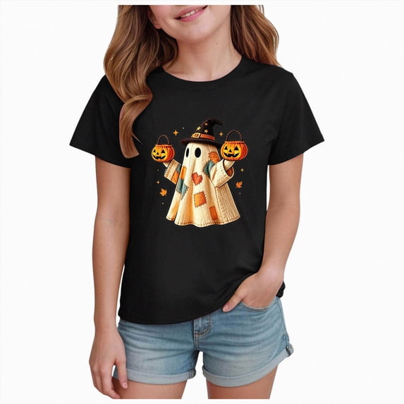 enyan Halloween Shirt for Girls Ghost Pumpkin Shirts Spooky Season Tees Kids Short Sleeve Fall Tops Outfits Halloween T Shirts Girls(Black,13-14 Years)