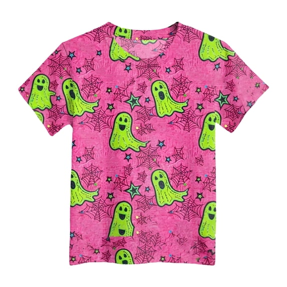 enyan Halloween Shirt Girls Pumpkin Ghost Tee Shirt Kids Short Sleeve Fall Tops Boys Girls Halloween Shirt Hot Pink,4-5 Years