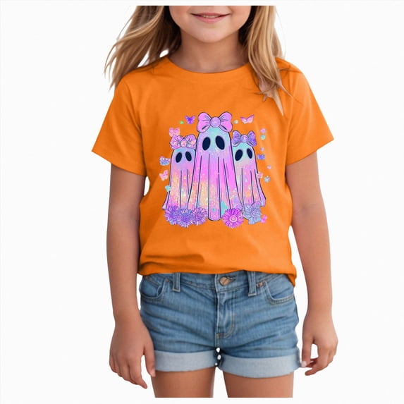 enyan Halloween Shirt Girls Short Sleeve Pumpkin Ghost Cotton Tshirt Clothes Girls Halloween Shirts(Orange,2-3 Years)
