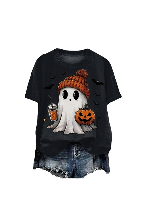 Halloween Shirt Halloween Shirts for Women Ghost Print Funny Crewneck Short Sleeve Top for Costumes Autumn Party Graphic T-Shirt Black,XL