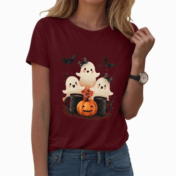 enyan Halloween Shirt Women Vintage Graphic Tees Shirt Short Sleeve Casual Funny Halloween Party Women Halloween Shirts(Wine,XXXL)