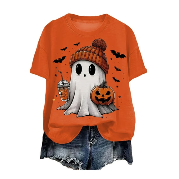 enyan Halloween Shirts Halloween Ghost Shirts for Women Casual Short-Sleeved Ghost Print T-Shirt Retro Fall Spooky Season Tees Tops Orange,L