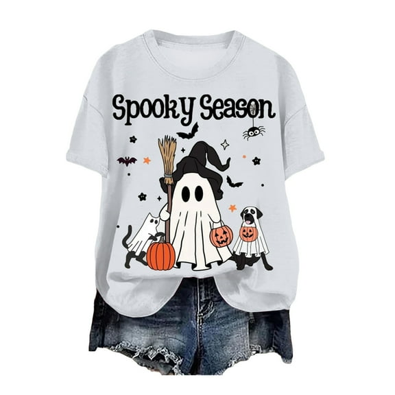 enyan Halloween Shirts Halloween Shirts for Women Ghost Print Funny Crewneck Short Sleeve Top for Costumes Autumn Party Graphic T-Shirt White,S