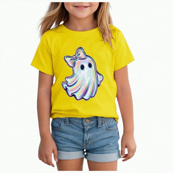 enyan Halloween Shirts Kids Spooky Season Retro Ghost Pumpkin Toddler T-Shirt for Boys Girls (Yellow,9-10 Years)
