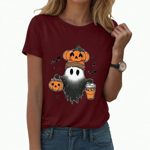 enyan Halloween Tshirts Women Funny Ghost Pumpkin Graphic Printed Shirts Halloween Short Sleeve Graphic Tees Fall T-Shirts Tops Wine,XL