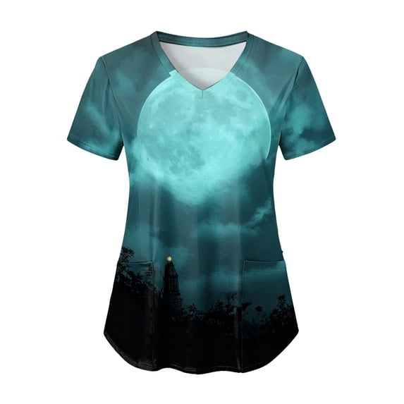 enyan Halloween Womens Shirt Cute Ghost Graphic Tees Fall Crewneck Short Sleeve Party Halloween Shirt Womens Blue,M