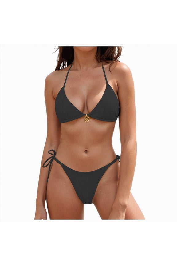 High Waisted Bikini Sets for Women Women's 2 Piece Bikini Set Back Braided Straps with Reversible Bottom,Black,S