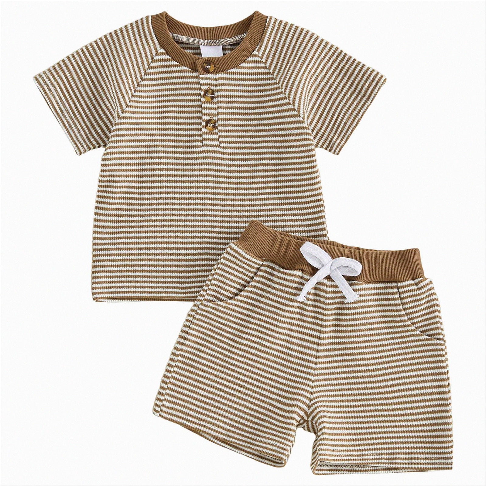 enyan Infant Baby Boy Girl Clothes 0 6 12 18 24 Months 2T 3T 4T 5T Short Sleeve T-Shirt Tee Tops Joggers Casual Elastic Shorts Dailywear（Brown,18-24 Months)