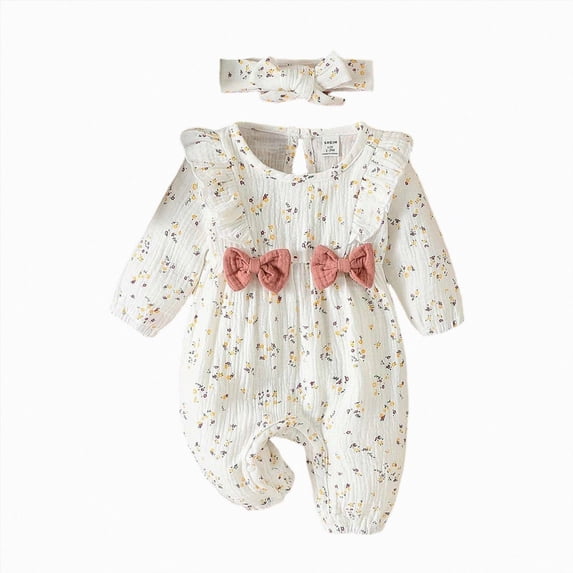 enyan Infant Baby Girl Fall Outfit Romper Floral Print Fake Two Pieces Patchwork Bow Jumpsuit Newborn Winter Clothes White,3-6 Months