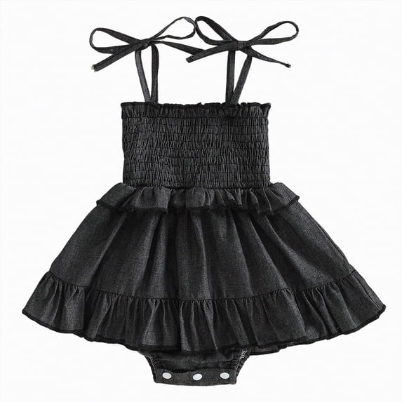 enyan Infant Baby Girl Summer Clothes Denim Romper Dress Newborn Baby Outfits Sleeveless Tie Up Shoulder Smocked Ruffle Bodysuit,Black,0-3 Months