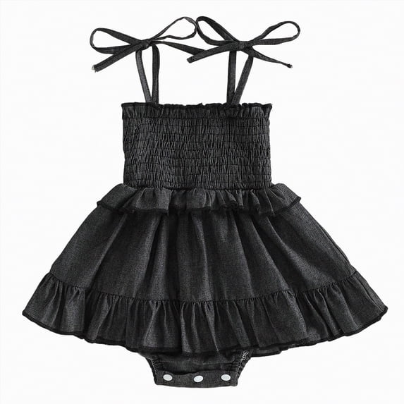 enyan Infant Baby Girl Summer Clothes Denim Romper Dress Newborn Baby Outfits Sleeveless Tie Up Shoulder Smocked Ruffle Bodysuit,Black,3-6 Months