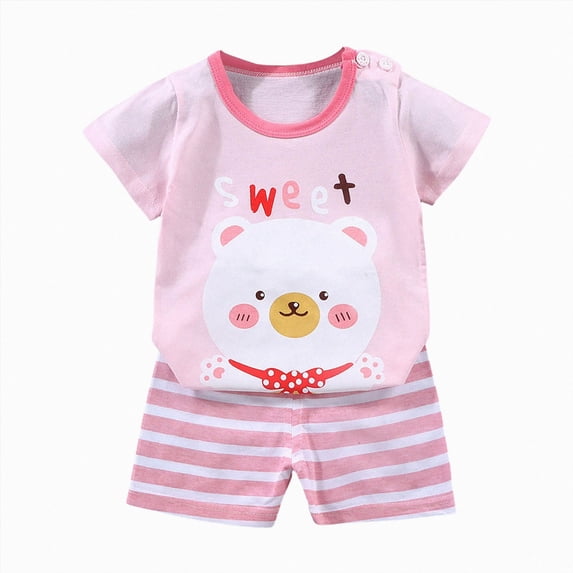 enyan Infant Baby Girl Summer Clothes Set 9 12 18 24 Months 2T 3T 4T Flower Short Sleeve Round Neck Tops Elastic Waist Shorts Outfit Baby Outfit Light Pink,3-6 Months