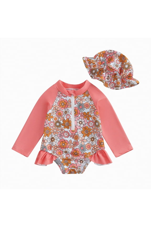 Infant Baby Girl Swimsuit One-Piece Long Sleeve Rash Guard with Hat Set Floral Zipper Bathing Suit Leopard Beach Wear,Orange,2-3 Years
