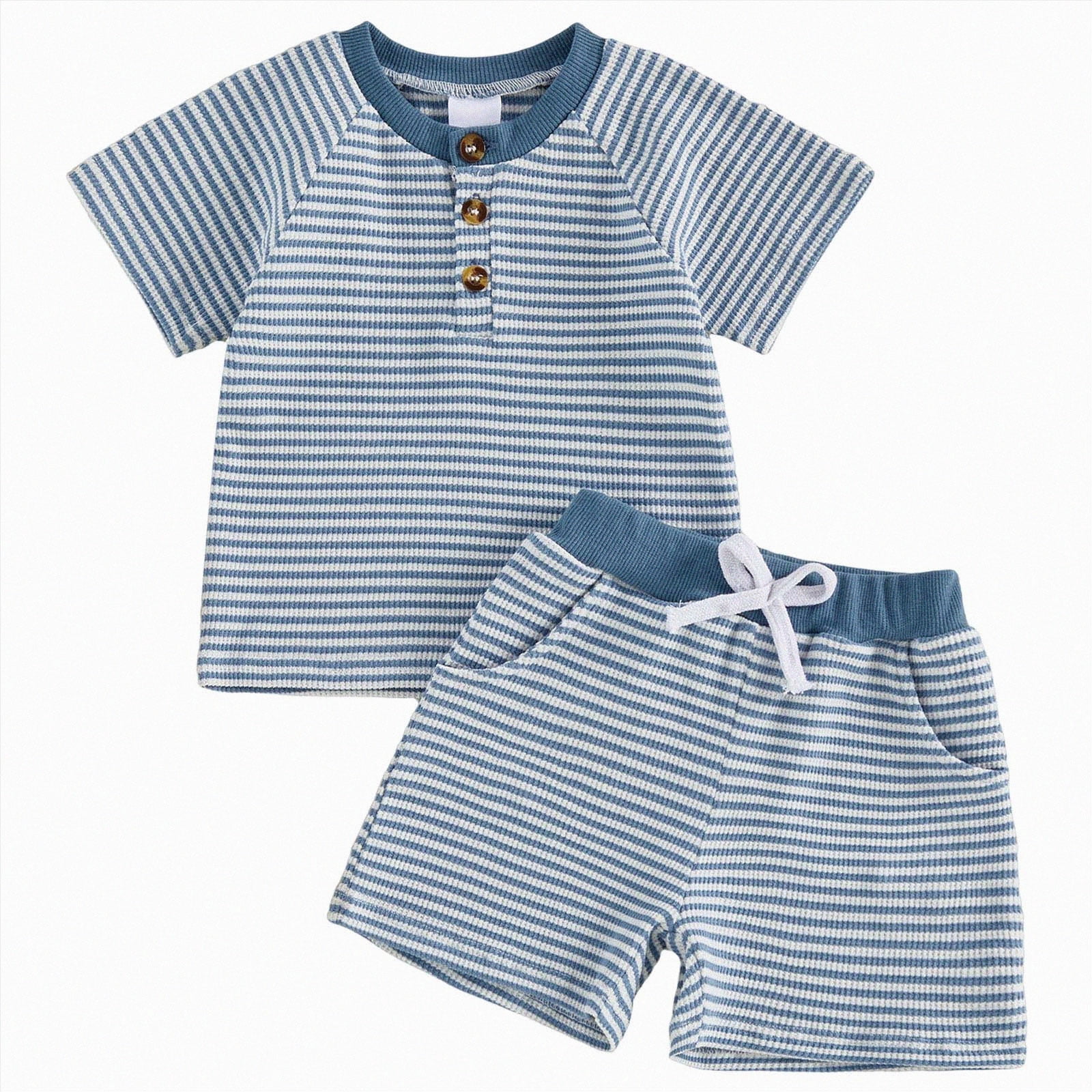 enyan Infant Boys Girls Clothes 0 6 12 18 24 Months 2T 3T 4T 5T Print Short Sleeve Crew Neck T-Shirts and Elastic Waist Shorts 2Pcs Outfits Dailywear（Blue,18-24 Months)