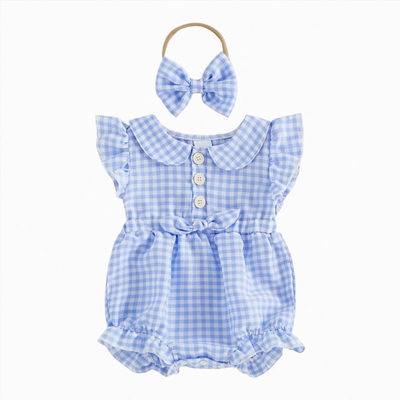 enyan Infant Newborn Baby Girl Summer Outfit One Piece Smocked Romper Ruffle Sleeve Plaid Playsuit Headband 3 6 9 12 18M(Blue,6-12 Months)