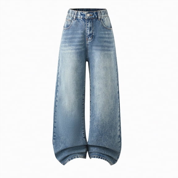 enyan Jeans Girls Jeans Denim Elastic Wasit Wide Leg Baggy Pants Kids Clothes Blue,13-14 Years