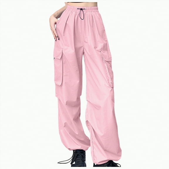 enyan Joggers for Women Women's High Waisted Cargo Pants Travel Streetwear Baggy Stretchy Pants with Pockets Drawstring Ankle Cuffs Pink,Pink