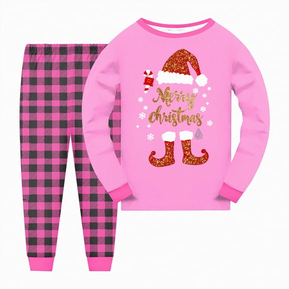 enyan Ki'ds Christmas Pajamas Christmas Pajamas for Family Long Sleeve Cartoon Plaid Pants Set Winter Sleepwear Pink,8-9 Years