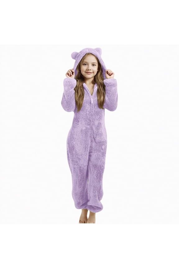 Kid Onesie Pajamas Fleece Zip Up Jumpsuits Kids Hooded Rompers Fuzzy Winter Warm Toddler Cute Bear Zipper Playsuit Jumper (Light Purple,8-9 Years)