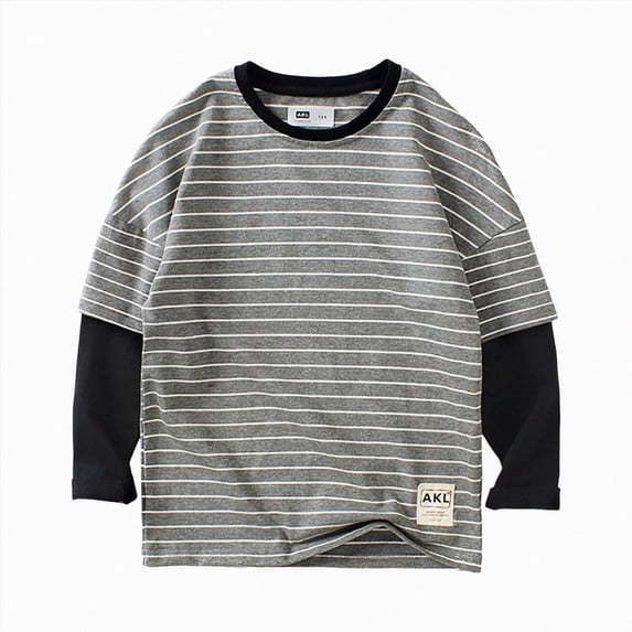 enyan Kids Boys Casual Striped Shirts Crewneck Long Sleeve Basic T-Shirt Basic Daily Work Stripe Tee Tops(Grey,10-11 Years)