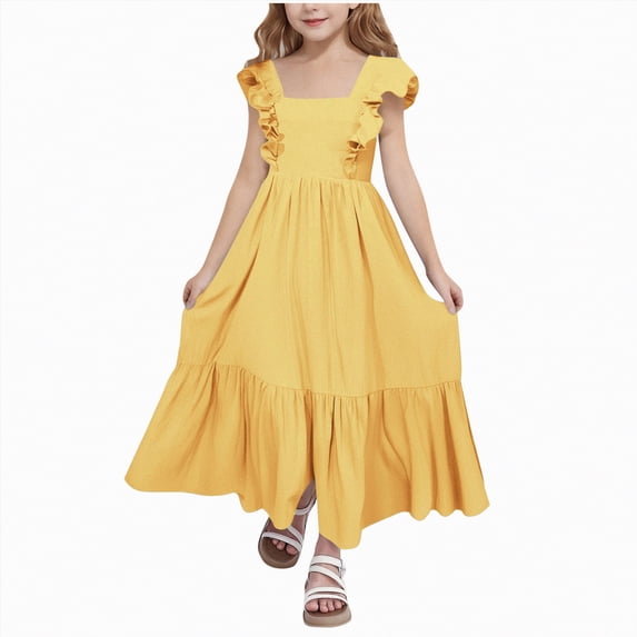 enyan Kids Dress Toddler Girls Tulle Dress Birthday Princess Dresses Formal Photoshoot Outfit Summer Dresses,Yellow,6-7 Years