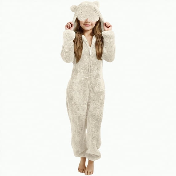 enyan Kids Fleece Onesie Pajamas Jumpsuit Girls Warm Sherpa Lined Romper One Piece Zipper Hooded Cute Playsuit Onesie Pajamas for Girls (White,6-7 Years)
