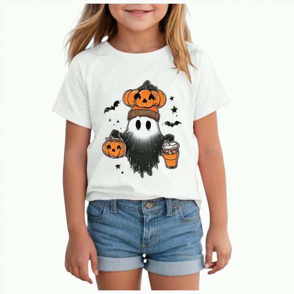 enyan Kids Halloween Shirts Boys Girls Ghost Pumpkin Retro T-Shirt Graphic Tshirt Toddler Boy Girl Fall Short Sleeve Tee Tops (White,2-3 Years)