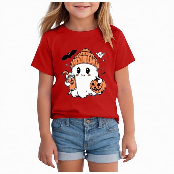 enyan Kids Halloween Shirts Spooky Season Shirts Toddler Boy Girl Ghost Pumpkin Graphic Tees Short Sleeve Tops (Red,5-6 Years)