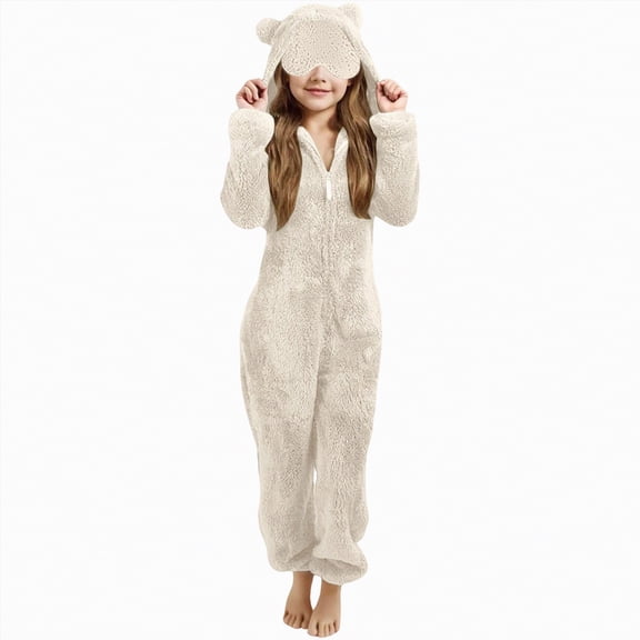 enyan Kids Onesie Pajamas Fleece Jumpsuit Warm Sherpa Fleece Bed Jumpsuit Kids Cute Winter Plain Zip Up Long Sleeve Soft Hooded Romper (White,4-5 Years)