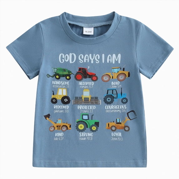 enyan Kids Toddler Little Boys Christian Shirts God Says I Am Construction Bible Verse Truck Excavator T-Shirt,Navy,2-3 Years
