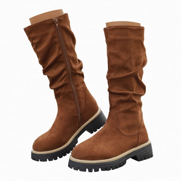 enyan Knee High Black Boots for Women Women's Cowboy Knee-High Boots Pointed Toe Mid Chunky Heel Pull On Slouchy Boots with Zippers Brown,Size 6