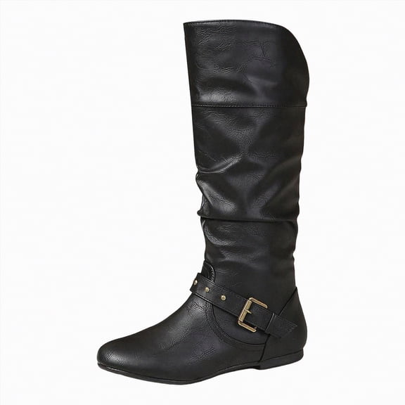 enyan Knee High Boots Women Square Toe Pull On Wide Calf Riding Fashion Buckles Chunky Metallic Casual Vintage Knee High Boots Women Black,Size 9