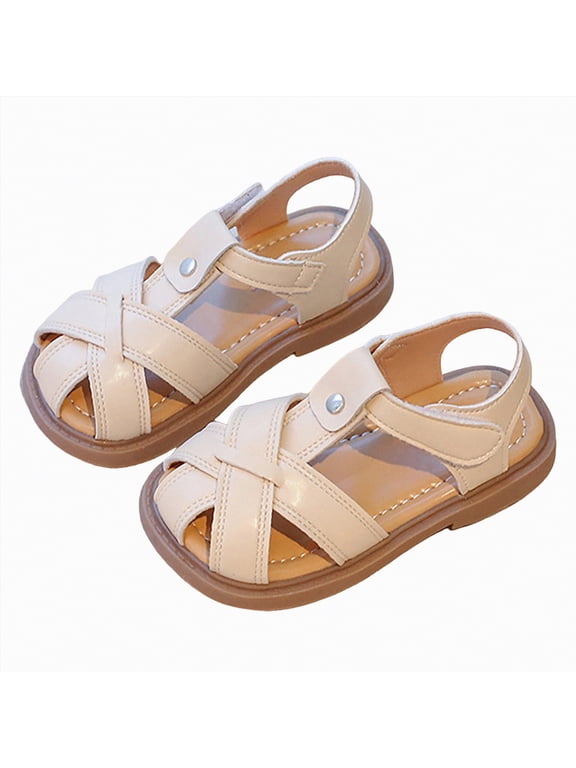Leather Kids Sandals - Natural Cork Footbed Non-Slip Slides for Kids - Lightweight Girls Sandals - Water-Resistant Girls Sandals Toddler Sandals,White,Size 6.5
