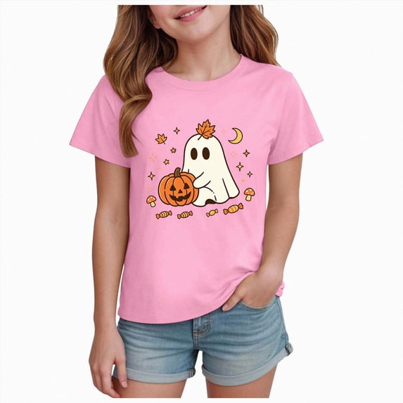 enyan Little Girls Halloween Shirts Pumpkin Ghost Short Sleeve Kids Cotton Tshirt Clothes Halloween T Shirts Girls(Pink,3-4 Years)