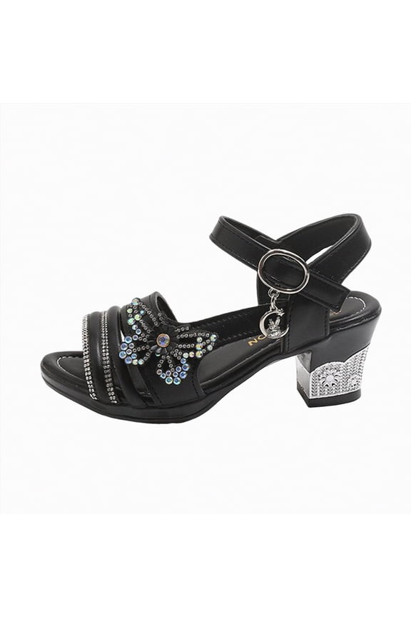 Little Kids Girls Dress Pumps Glitter Sequins Princess Low Heels Princess Dress Shoes Party Dance Shoes Rhinestone Sandals Kids Sandals,Black,Size 3