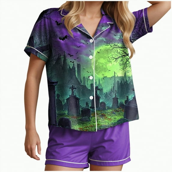 enyan Matching Halloween Pajamas Silk Satin Pajamas Set Short Sleepwear Button Down 2 Piece Classic Soft Loungewear Set Green,XXL