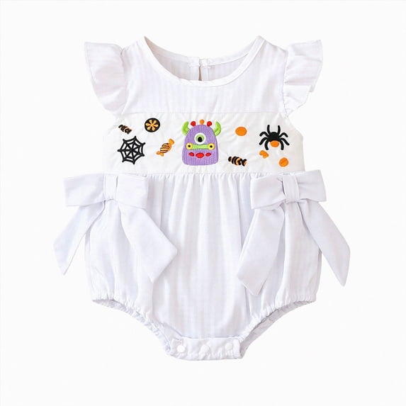 enyan My First Halloween Outfit Baby Girl Ghost Pumpkin Romper Newborn Infant Girl Flying Sleeve Onesie Bodysuit Clothes White,12-18 Months