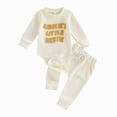 thumbnail image 1 of enyan Newborn Baby Boy Fall Winter Clothes Infant Boys Outfit Long Sleeve Letter Print Romper Tops+Elastic Waist Jogger Pant 2 Pcs Sweatsuit Set White,3-6 Months, 1 of 4