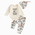 thumbnail image 1 of enyan Newborn Baby Boy Summer Clothes Daddy’s Hunting Buddy Deer Printed Long Sleeve Romper Pants Hat 3PCS Set(Beige,12-18 Months), 1 of 7