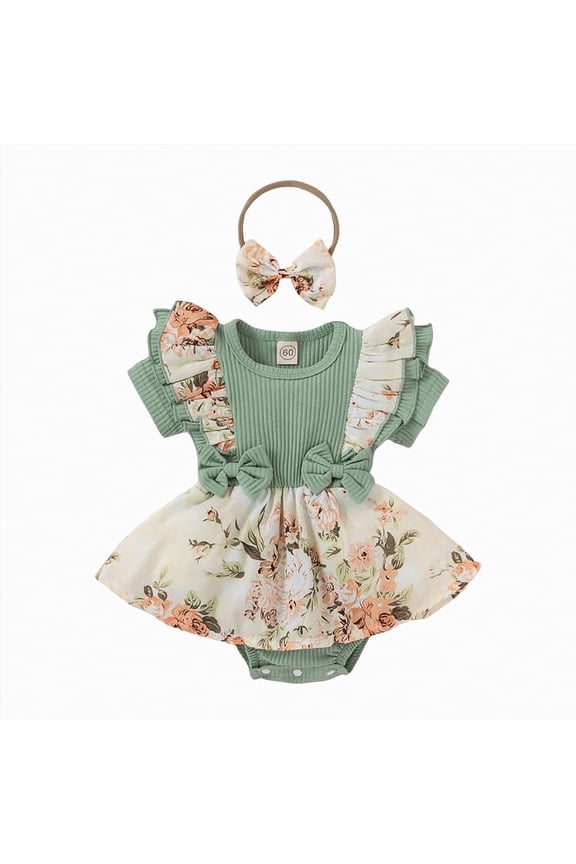 Newborn Baby Girl Clothes Ruffle Short Sleeve Flower Romper Dress with Headbnad Summer Outfits Set,Light Green,3-6 Months