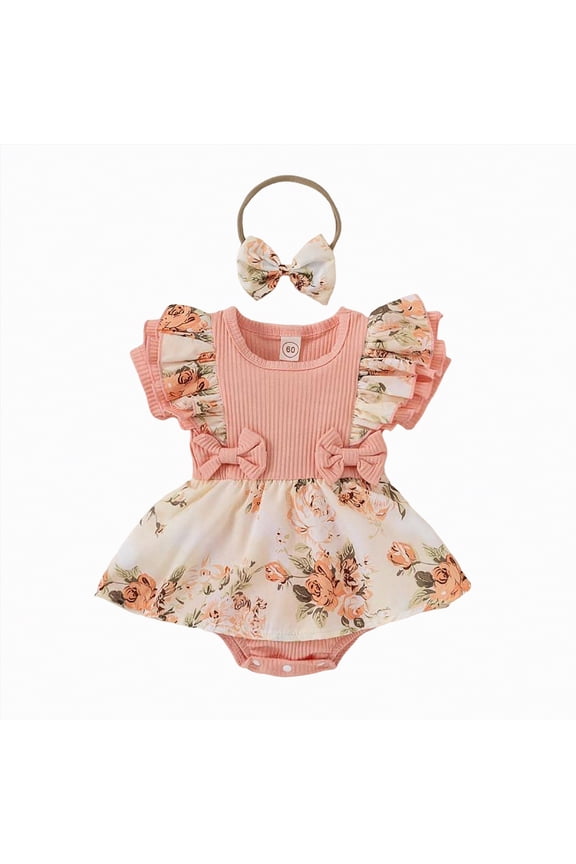 Newborn Baby Girl Clothes Ruffle Short Sleeve Flower Romper Dress with Headbnad Summer Outfits Set,Pink,0-3 Months