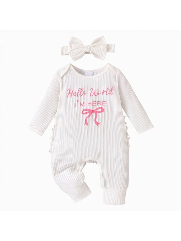 Newborn Baby Girl Coming Home Outfit Hello World I'm Here Jumpsuit Long Sleeve Ruffle Knit Romper White,0-3 Months