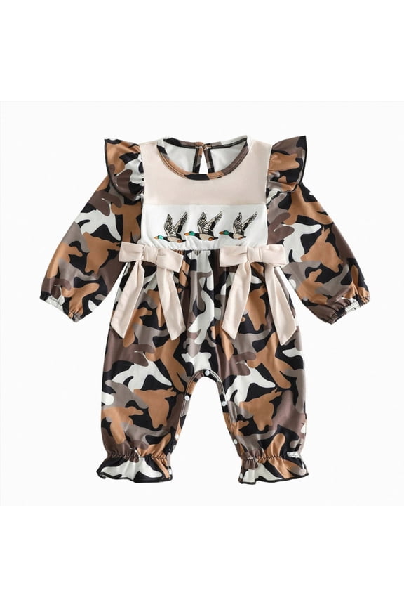Newborn Baby Girl Hunting Outfit Camo Ruffle Long Sleeve Romper Jumpsuit Smocked Bubble One Piece Clothes(Black,6-12 Months)