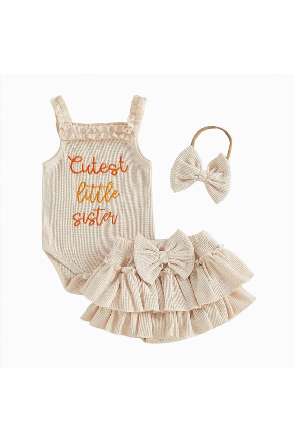 Newborn Baby Girl Summer Clothes Little Sister Outfit Sleeveless Ruffle Romper Bodysuit Tutu Skirt Waffle Clothes Set Beige,12-18 Months
