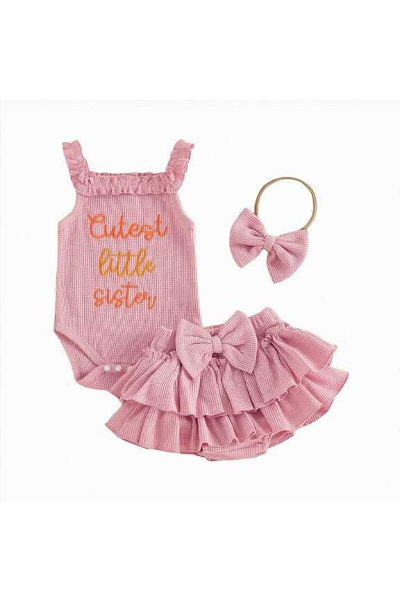 Newborn Baby Girl Summer Clothes Little Sister Outfit Sleeveless Ruffle Romper Bodysuit Tutu Skirt Waffle Clothes Set Pink,0-3 Months