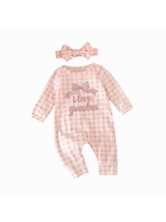 Newborn Girl Fall Clothes I Love My Grandma Print Crew Neck Plaid Gingham Romper Preemie Newborn Comming Home Outfit Pink,Newborn