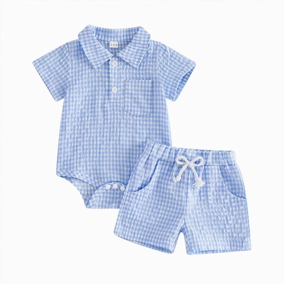enyan Newborn Infant Baby Boy Summer Outfits Gingham Plaid Button Short Sleeve Collared Polo Romper Top and Shorts Set(Blue,0-3 Months)