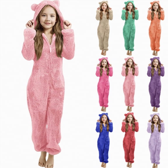 enyan Onesie Kids Fleece Hooded Jumpsuit Fuzzy Flannel Winter Warm Rompers Casual Zip Up Bear Outfits One Piece Cute Preppy Clothes (Light Pink,6-7 Years)