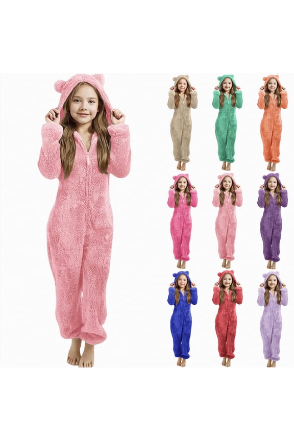 Onesie Kids Fleece Hooded Jumpsuit Fuzzy Flannel Winter Warm Rompers Casual Zip Up Bear Outfits One Piece Cute Preppy Clothes (Light Pink,6-7 Years)